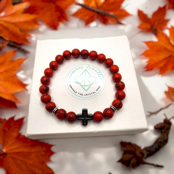 8 mm Red Howlite beaded Unisex bracelet with Hematite Cross charm - Picture 3 of 5